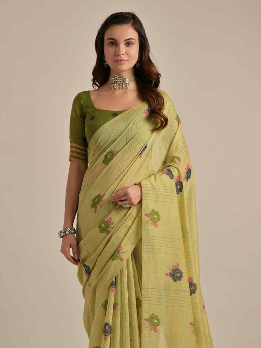 Parrot Green Cotton Handwoven Festival Casual Classic Style Saree