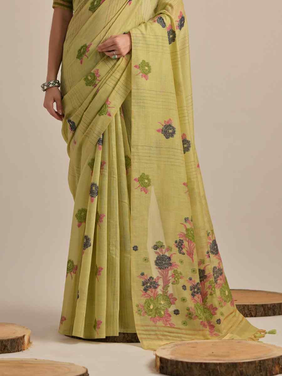 Parrot Green Cotton Handwoven Festival Casual Classic Style Saree