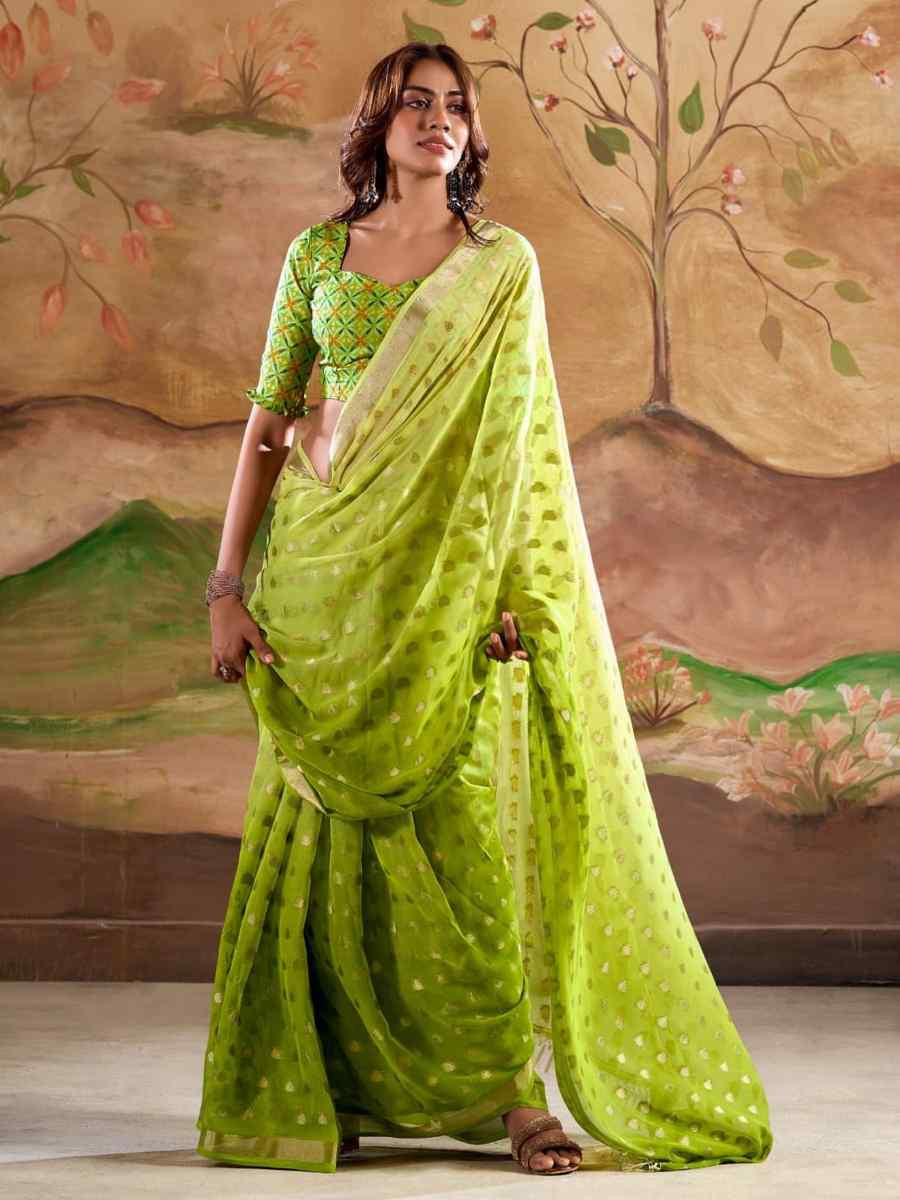 Parrot Green Georgette Silk Handwoven Festival Party Classic Style Saree