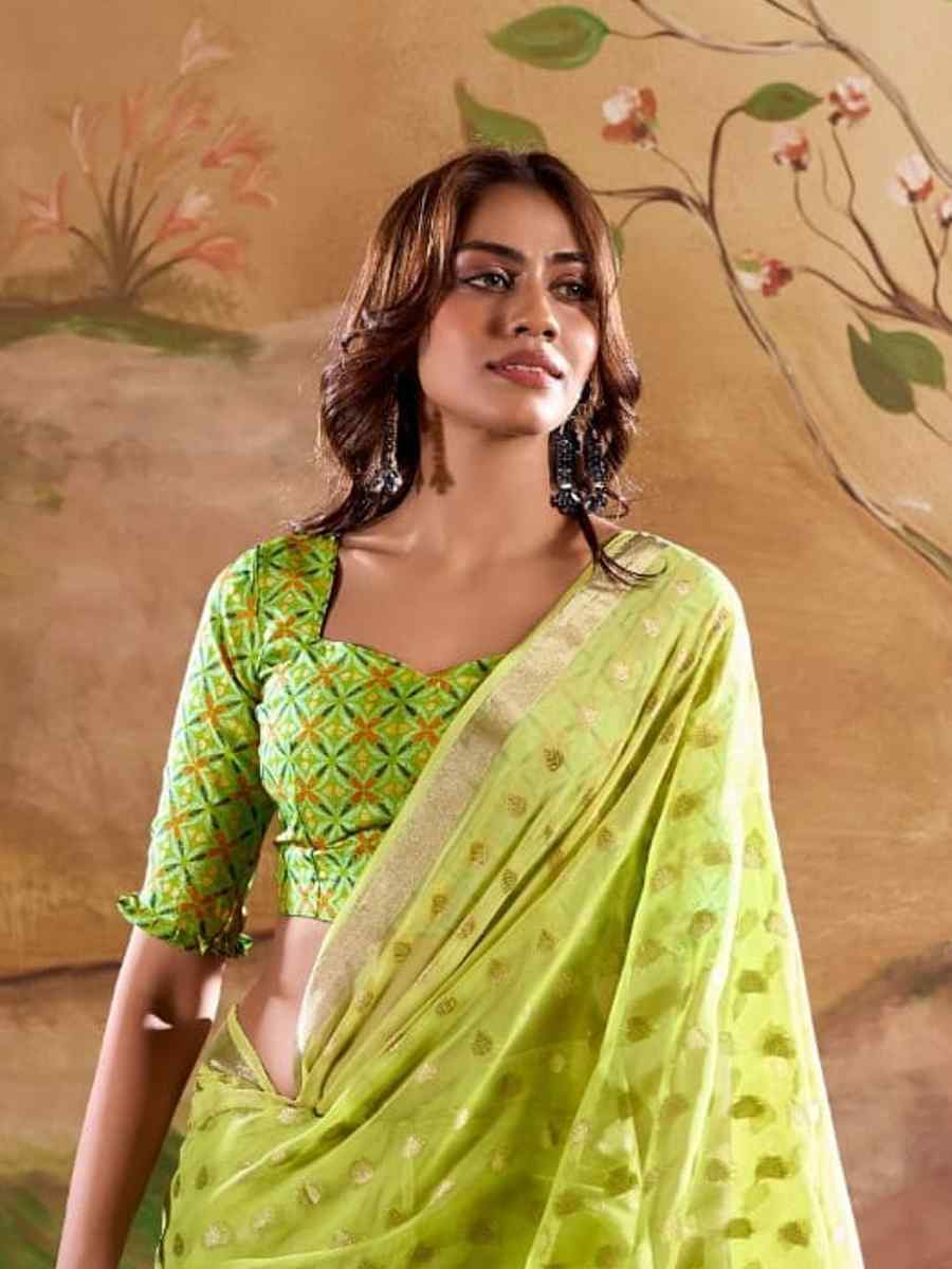 Parrot Green Georgette Silk Handwoven Festival Party Classic Style Saree