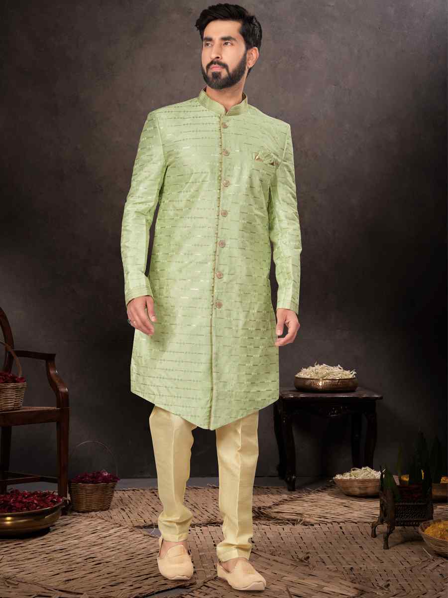 Parrot Green Jacquard Embroidered Festival Wedding Kurta