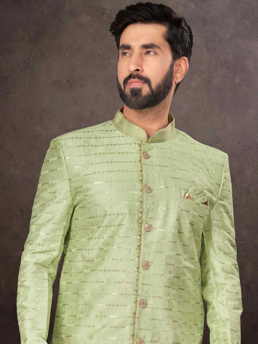 Parrot Green Jacquard Embroidered Festival Wedding Kurta