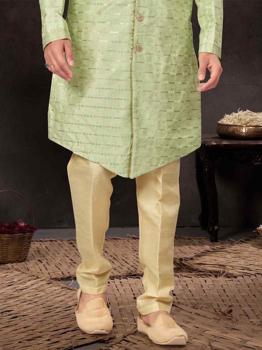 Parrot Green Jacquard Embroidered Festival Wedding Kurta