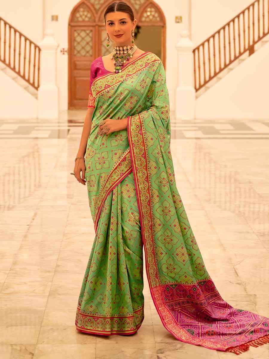 Parrot Green Patola Banarasi Silk Handwoven Wedding Festival Heavy Border Saree