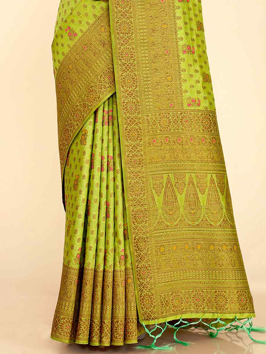 Parrot Green Raw Silk Handwoven Wedding Festival Heavy Border Saree