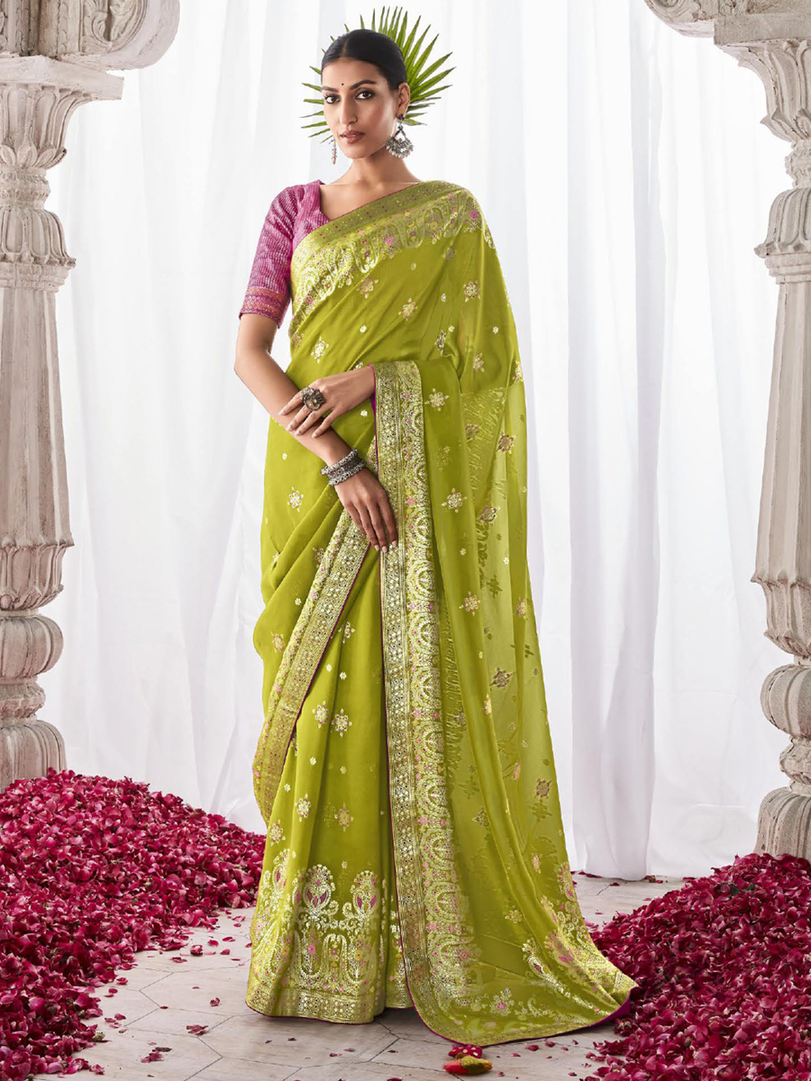 Parrot Kora Silk Handwoven Festival Wedding Heavy Border Saree