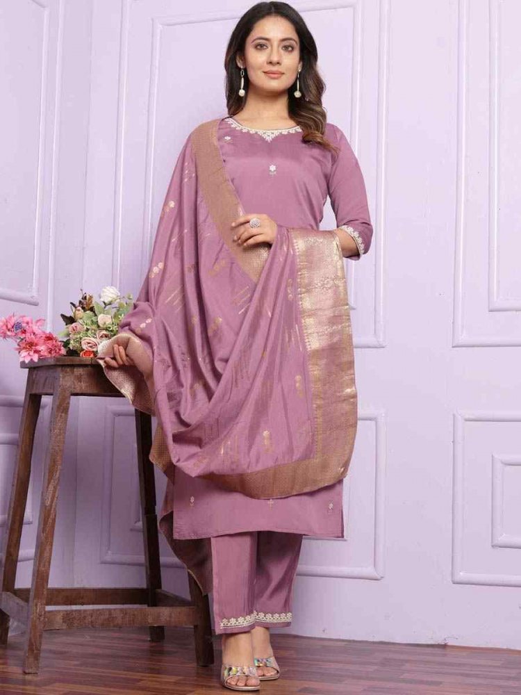 Pastel Purple Viscose Silk Embroidered Festival Mehendi Ready Pant Salwar Kameez