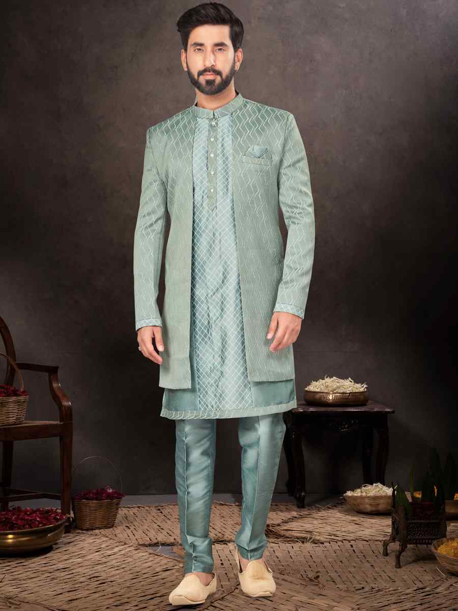 Pastle Grey Jacquard Embroidered Festival Wedding Kurta