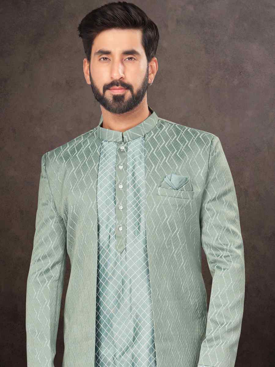 Pastle Grey Jacquard Embroidered Festival Wedding Kurta