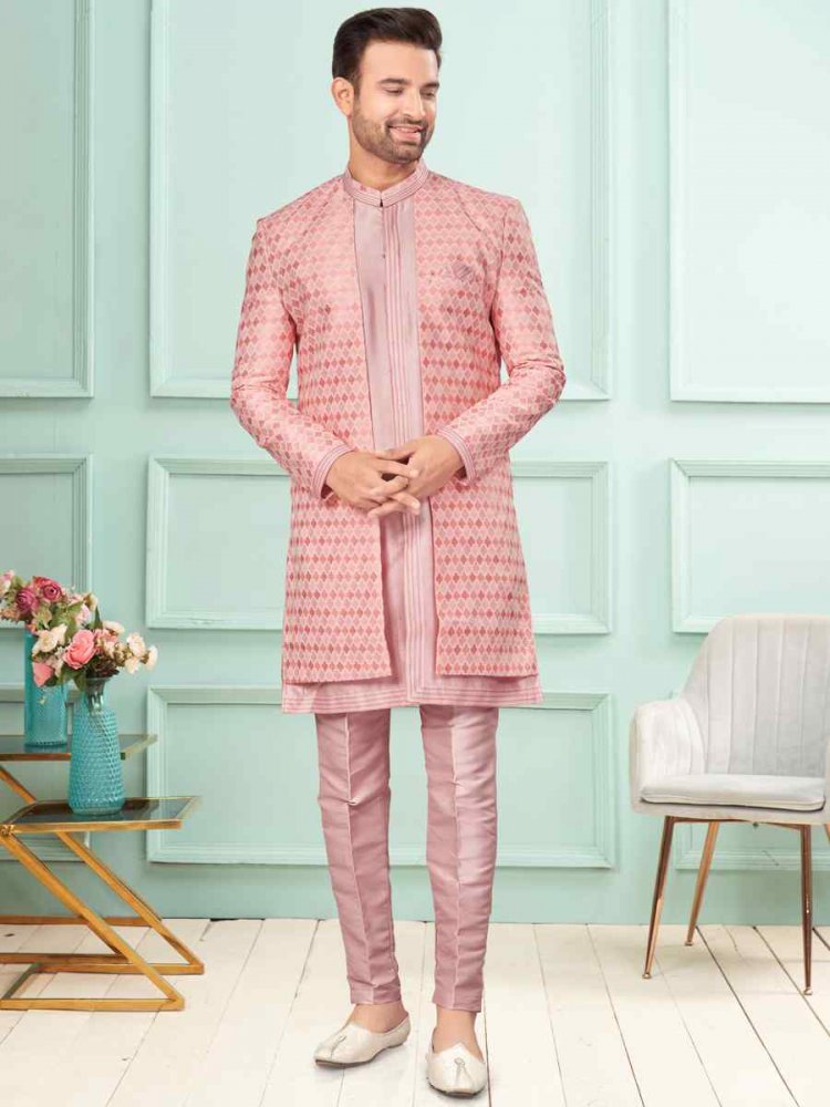 Pastle Pink Art Silk Embroidered Festival Wedding Kurta