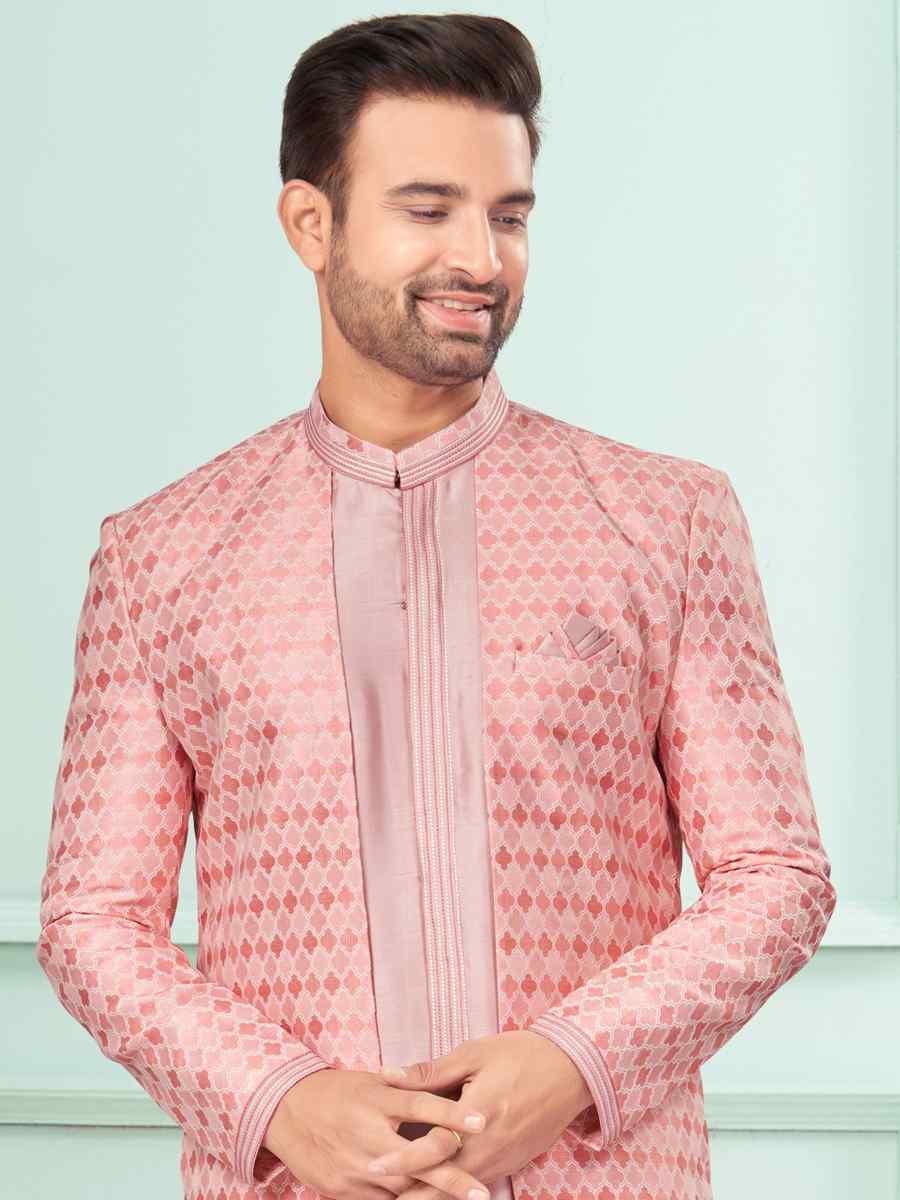 Pastle Pink Art Silk Embroidered Festival Wedding Kurta