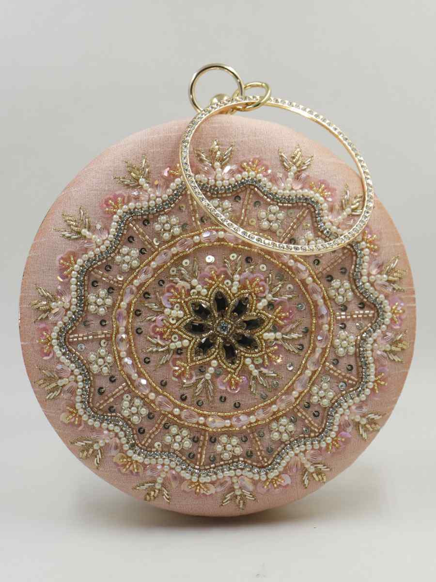 Peach Art Silk Party Wear Embroidered Clutches