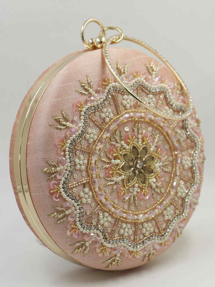 Peach Art Silk Party Wear Embroidered Clutches