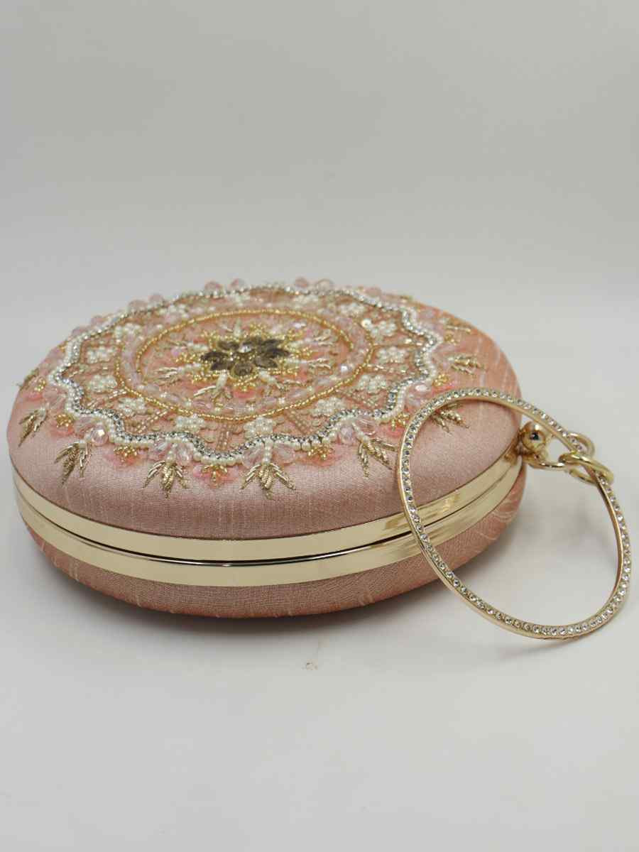 Peach Art Silk Party Wear Embroidered Clutches