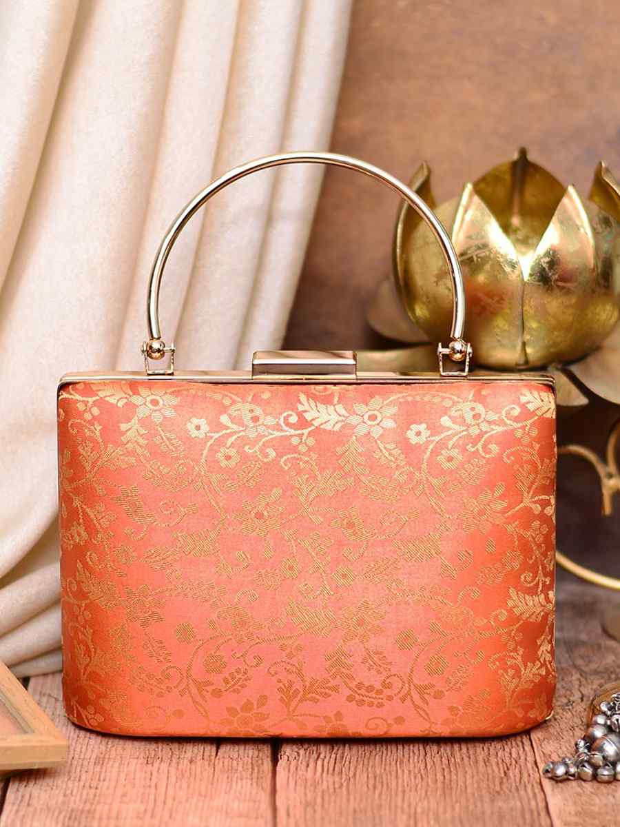 Peach Art Silk Party Wear Embroidered Clutches