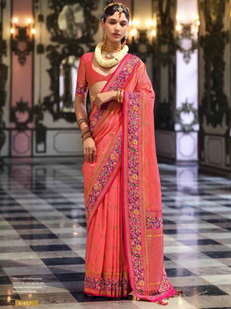 Peach Banarasi Poly Viscose Silk Handwoven Festival Wedding Heavy Border Saree