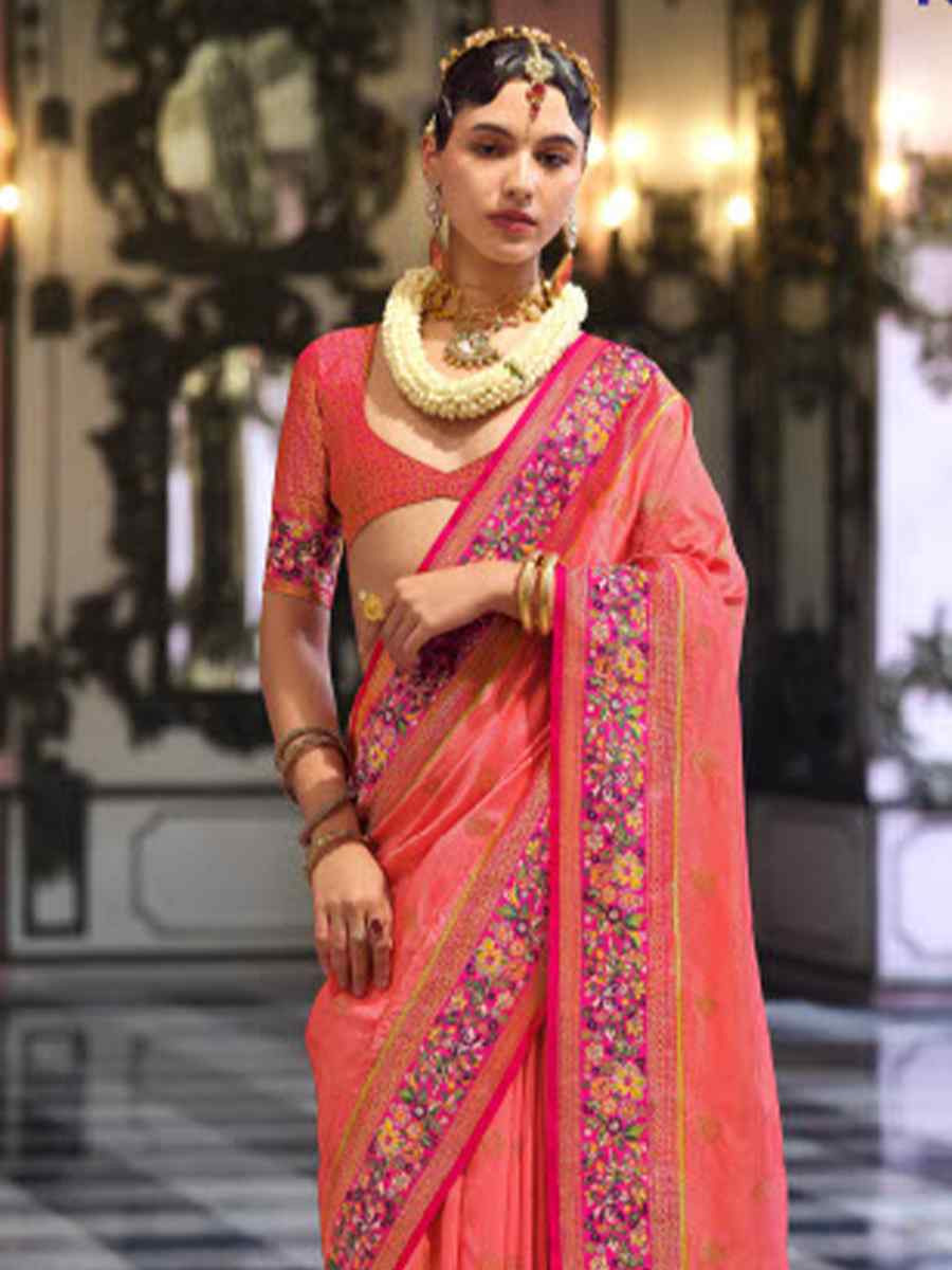 Peach Banarasi Poly Viscose Silk Handwoven Festival Wedding Heavy Border Saree