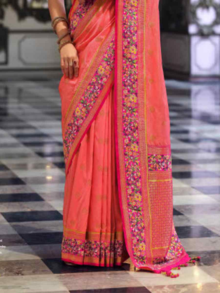 Peach Banarasi Poly Viscose Silk Handwoven Festival Wedding Heavy Border Saree