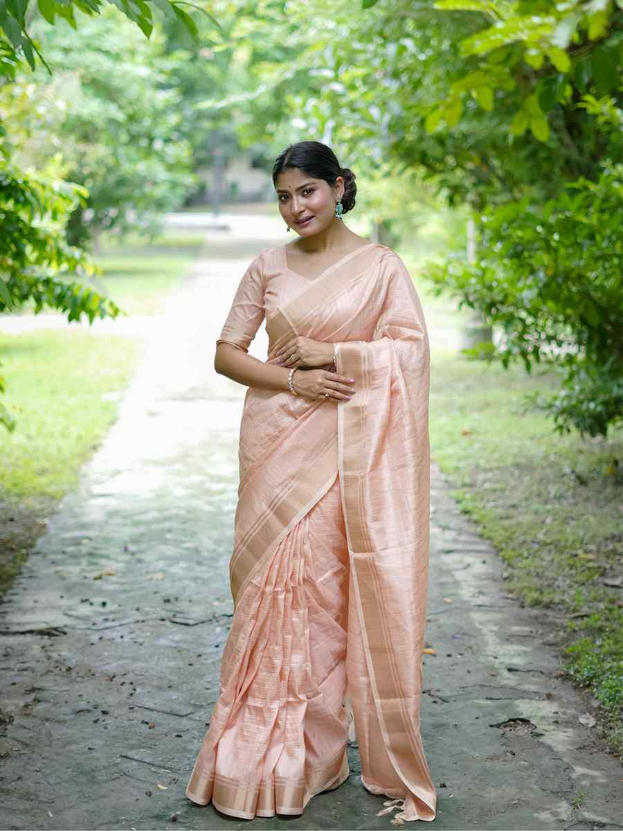 Peach Banarasi Raw Silk  Handwoven Festival Wedding Heavy Border Saree