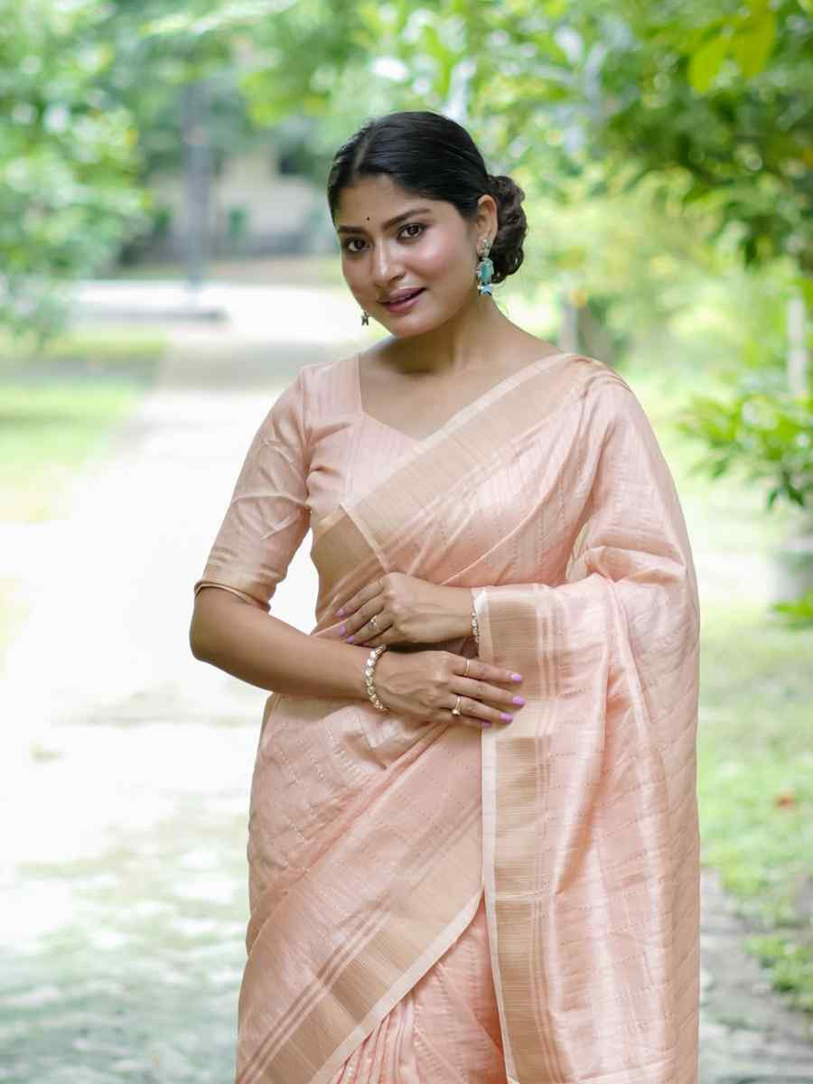 Peach Banarasi Raw Silk  Handwoven Festival Wedding Heavy Border Saree