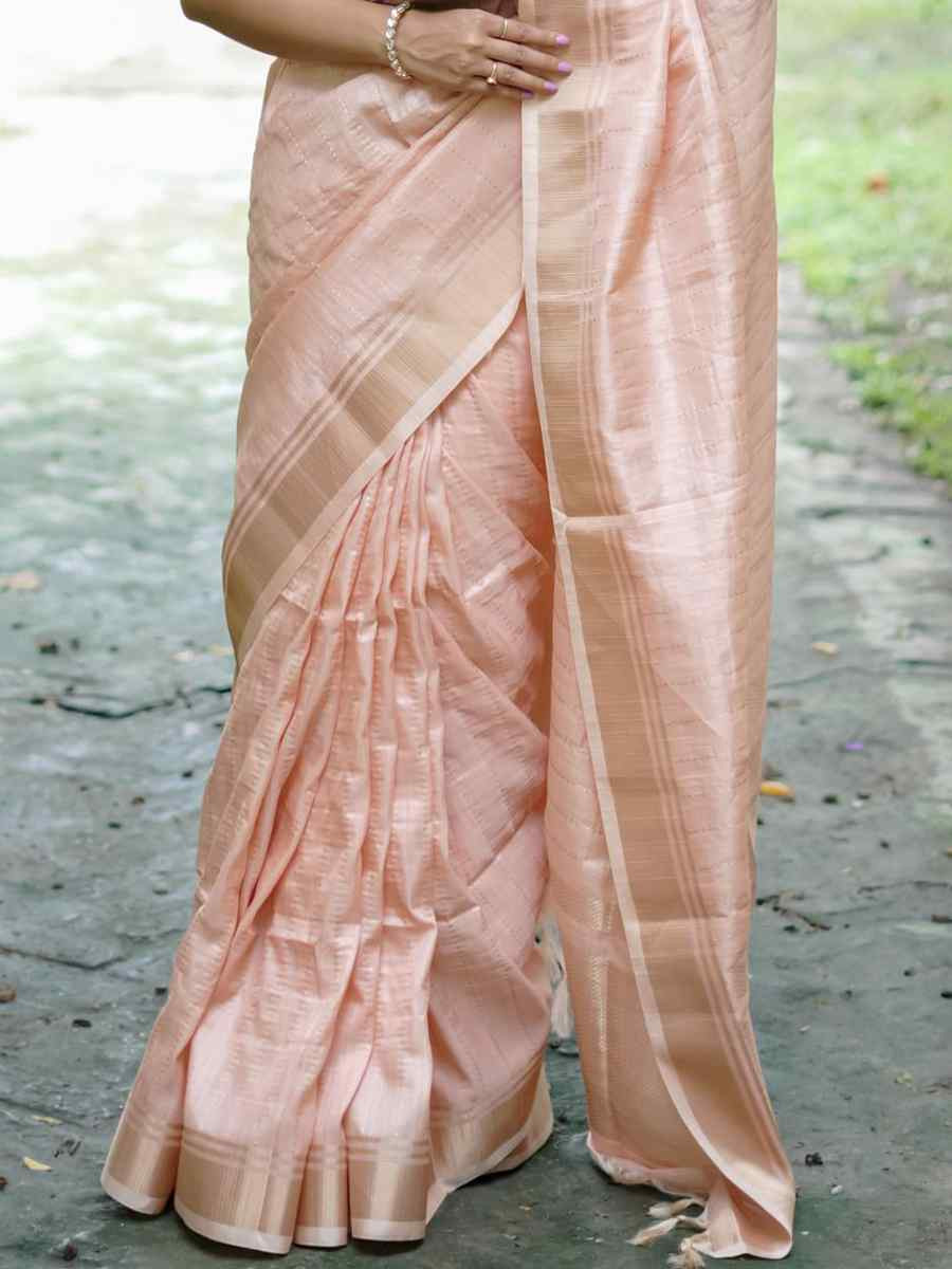 Peach Banarasi Raw Silk  Handwoven Festival Wedding Heavy Border Saree