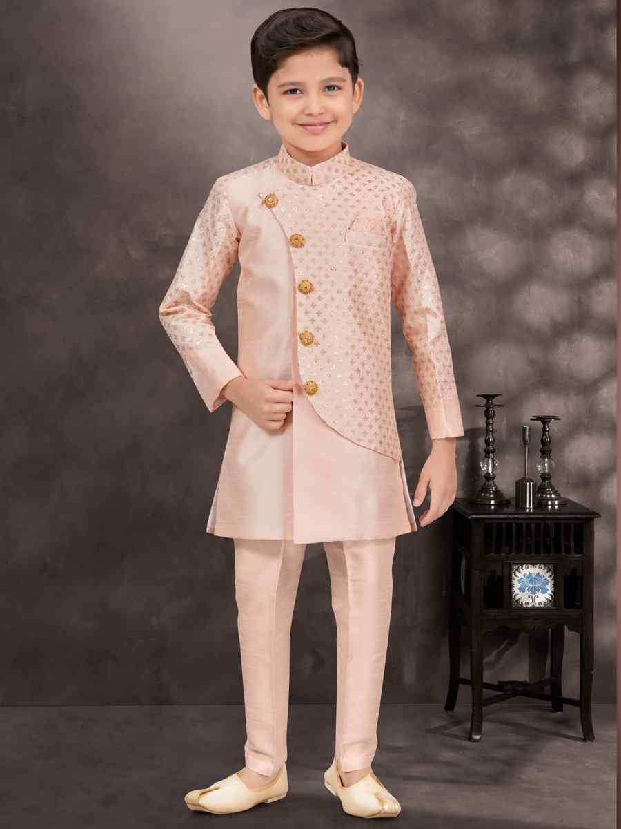 Peach Banarasi Silk Embroidered Festival Wedding Kurta Pyjama Boys Wear