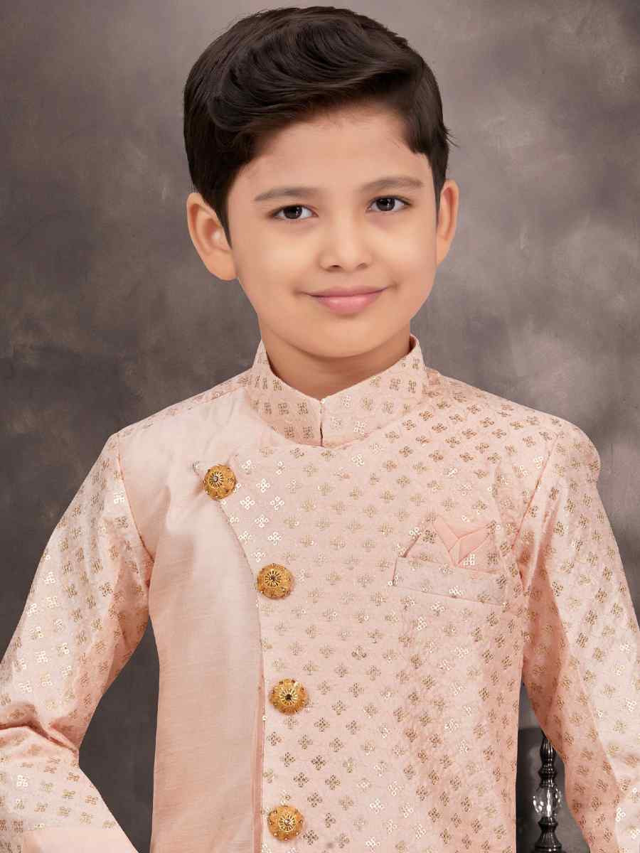 Peach Banarasi Silk Embroidered Festival Wedding Kurta Pyjama Boys Wear