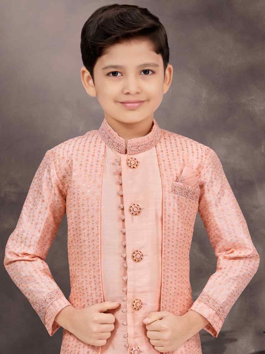 Peach Banarasi Silk Embroidered Festival Wedding Kurta Pyjama Boys Wear