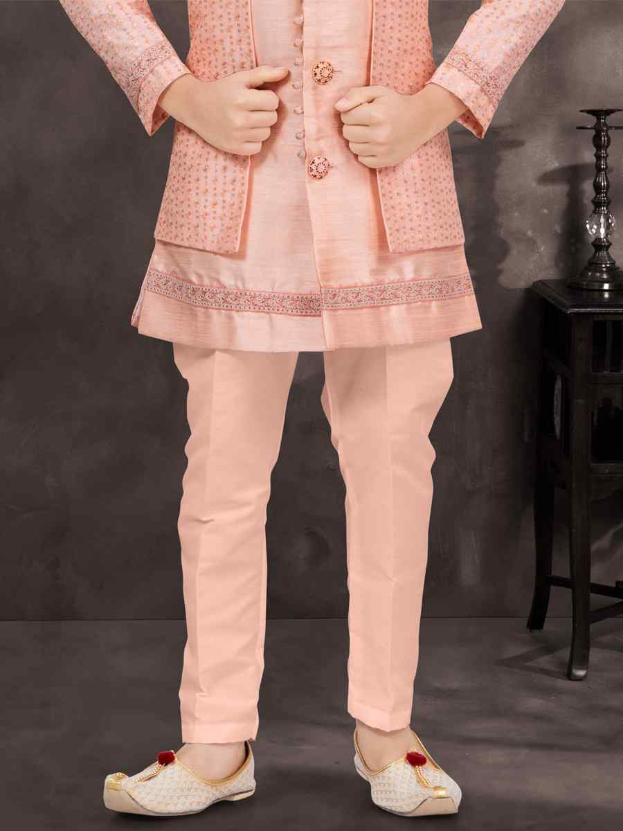 Peach Banarasi Silk Embroidered Festival Wedding Kurta Pyjama Boys Wear