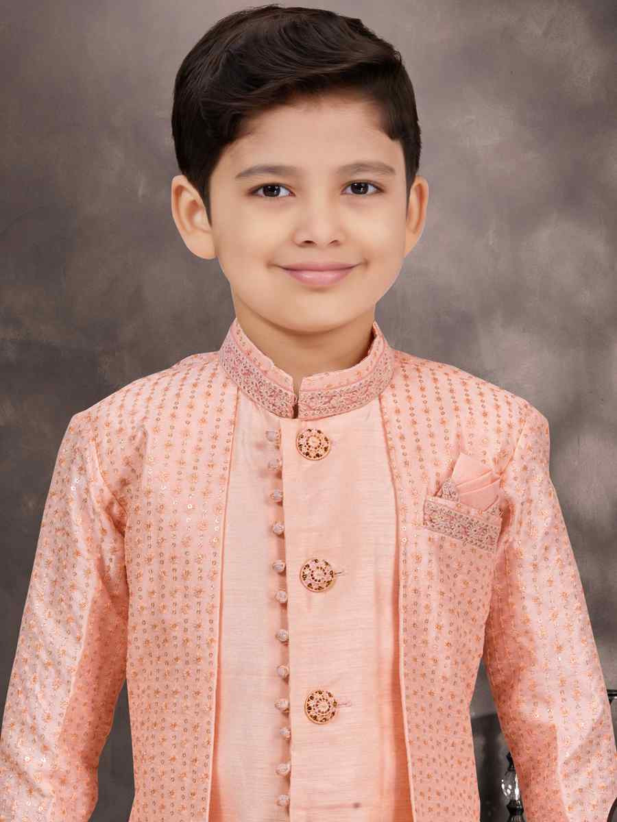 Peach Banarasi Silk Embroidered Festival Wedding Kurta Pyjama Boys Wear