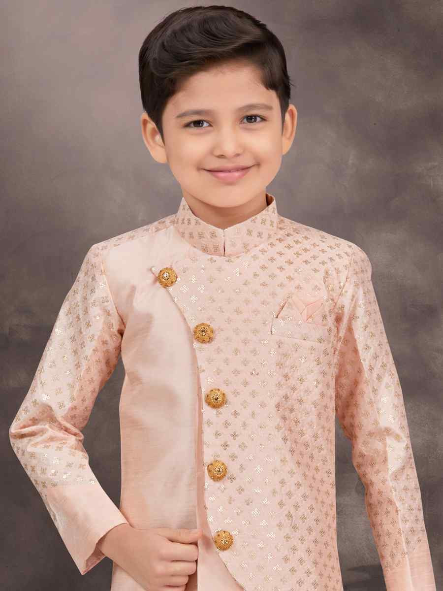 Peach Banarasi Silk Embroidered Festival Wedding Kurta Pyjama Boys Wear