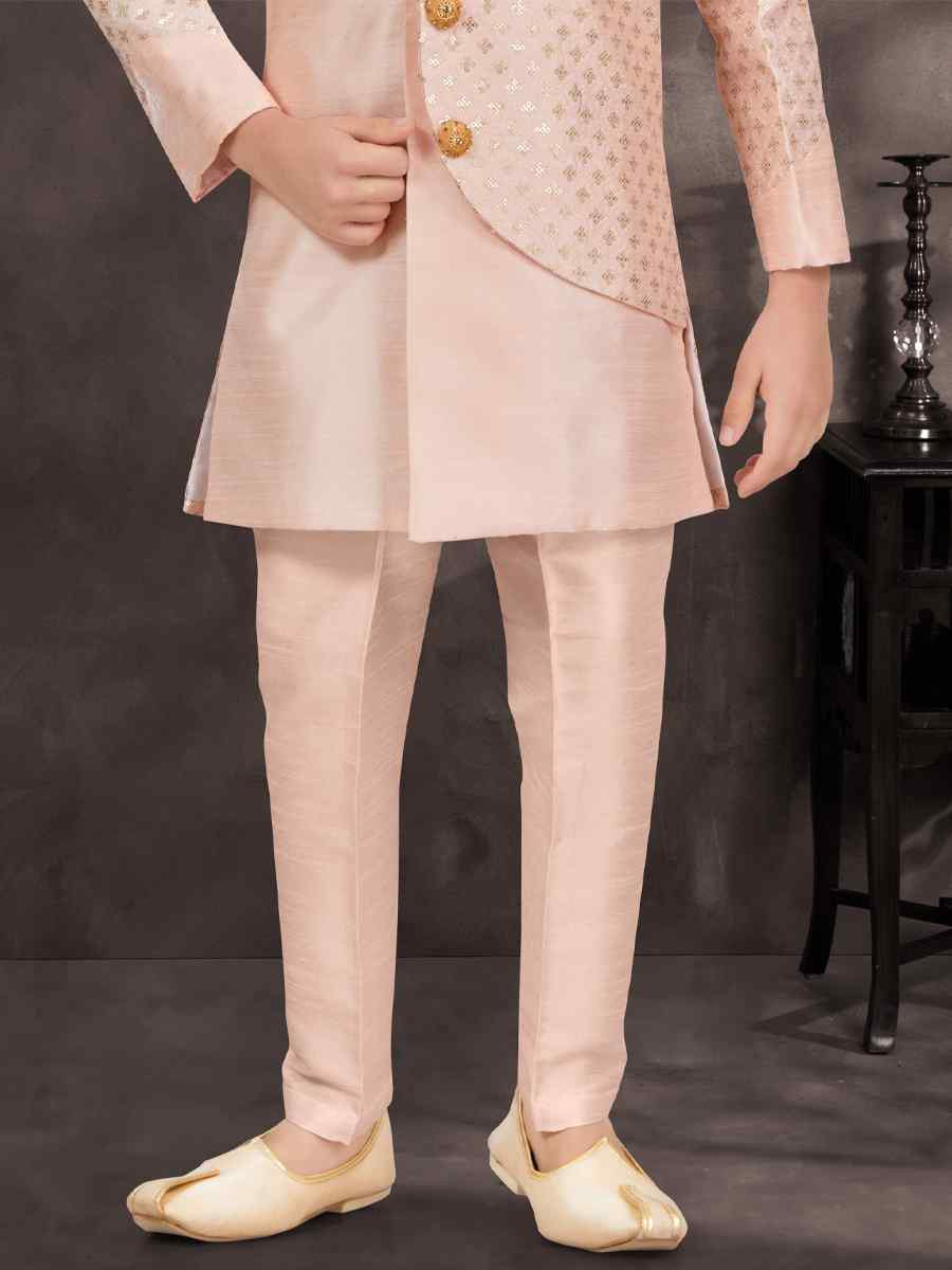 Peach Banarasi Silk Embroidered Festival Wedding Kurta Pyjama Boys Wear