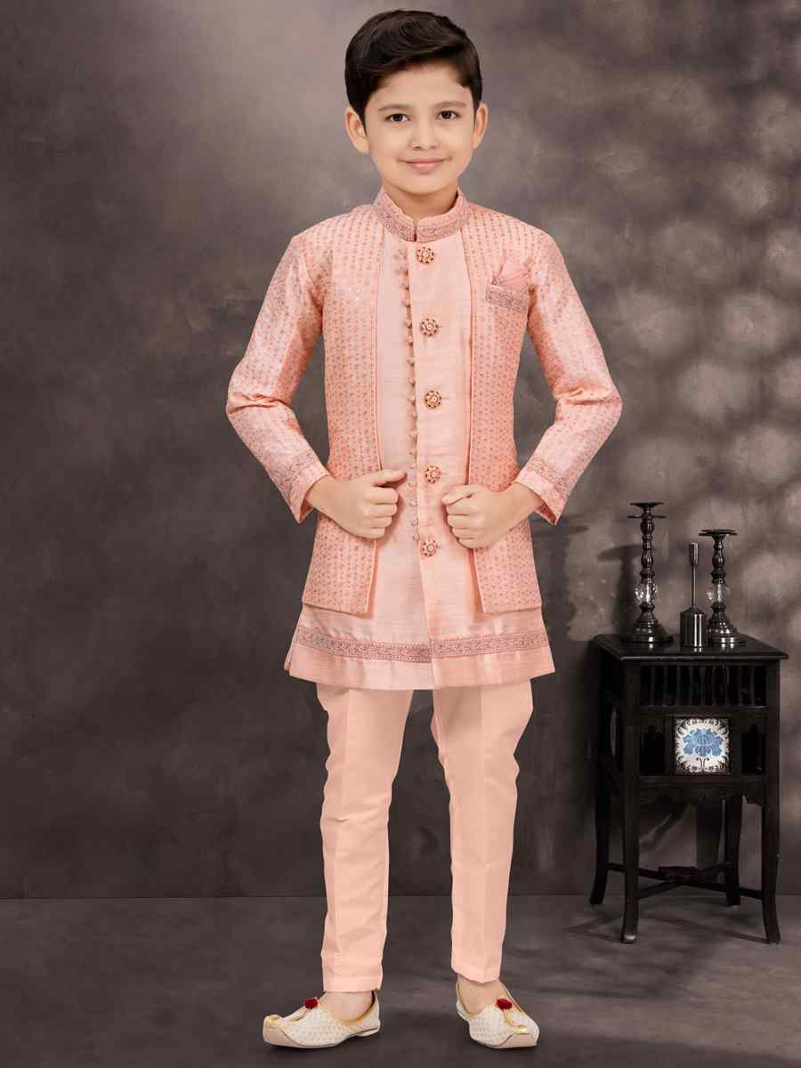 Peach Banarasi Silk Embroidered Festival Wedding Kurta Pyjama Boys Wear