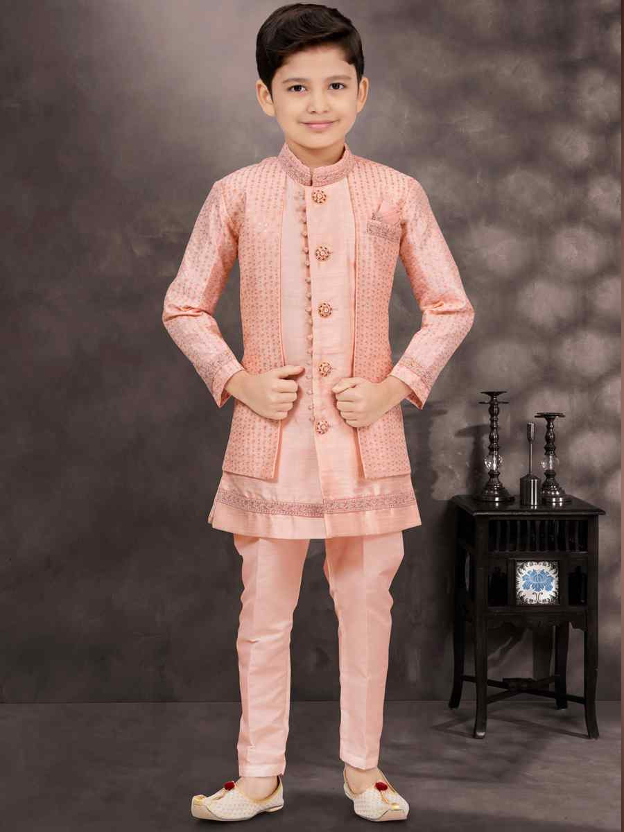 Peach Banarasi Silk Embroidered Festival Wedding Kurta Pyjama Boys Wear