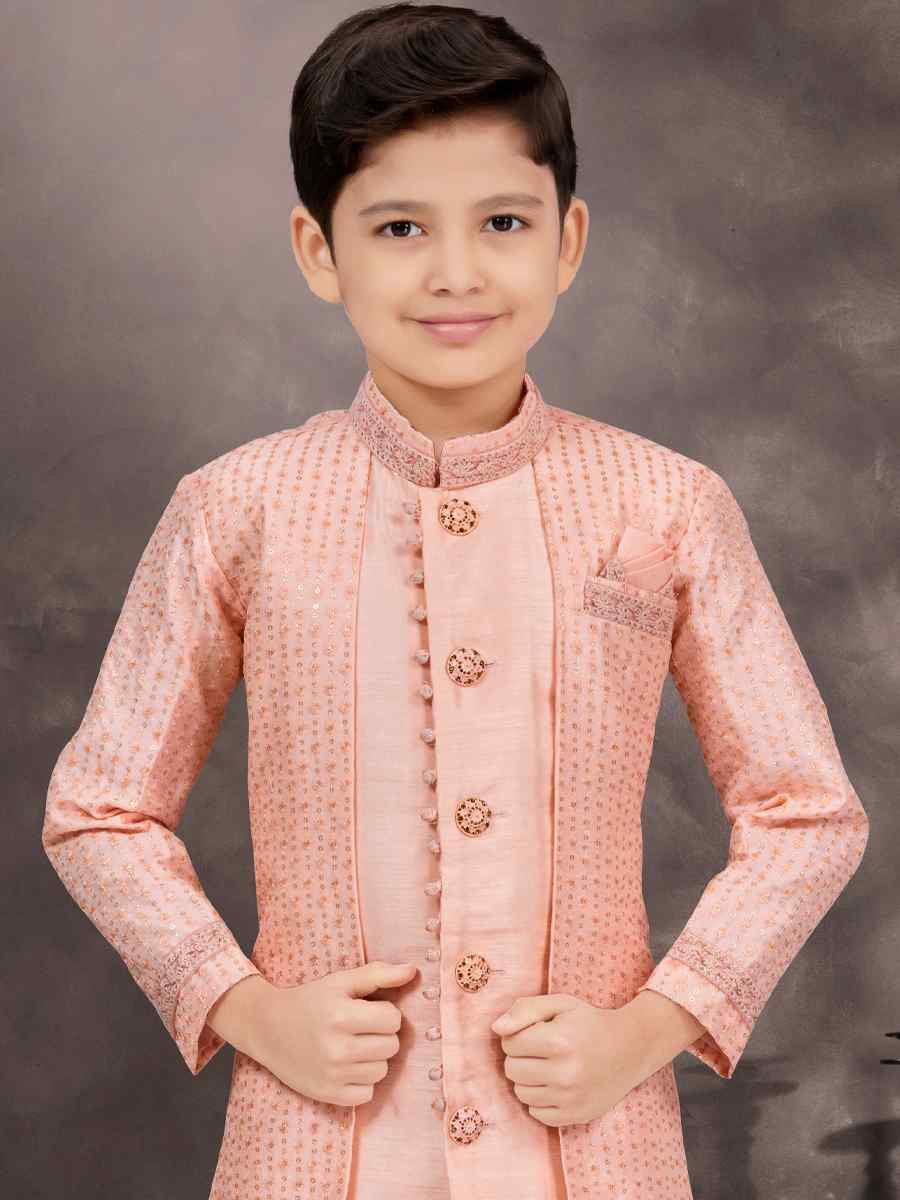 Peach Banarasi Silk Embroidered Festival Wedding Kurta Pyjama Boys Wear