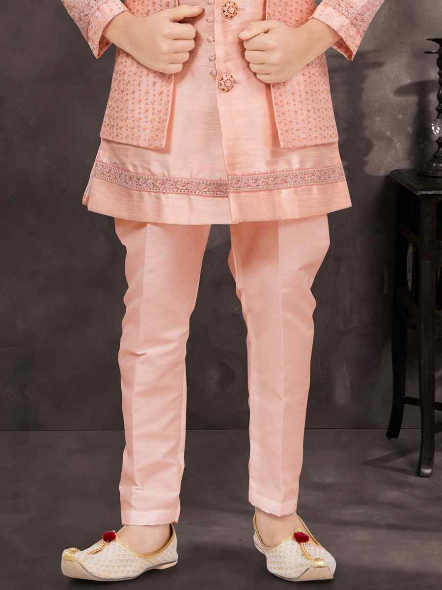 Peach Banarasi Silk Embroidered Festival Wedding Kurta Pyjama Boys Wear