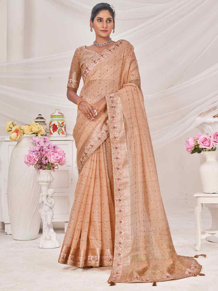 Peach Banarasi Zari Silk Embroidered Wedding Festival Heavy Border Saree