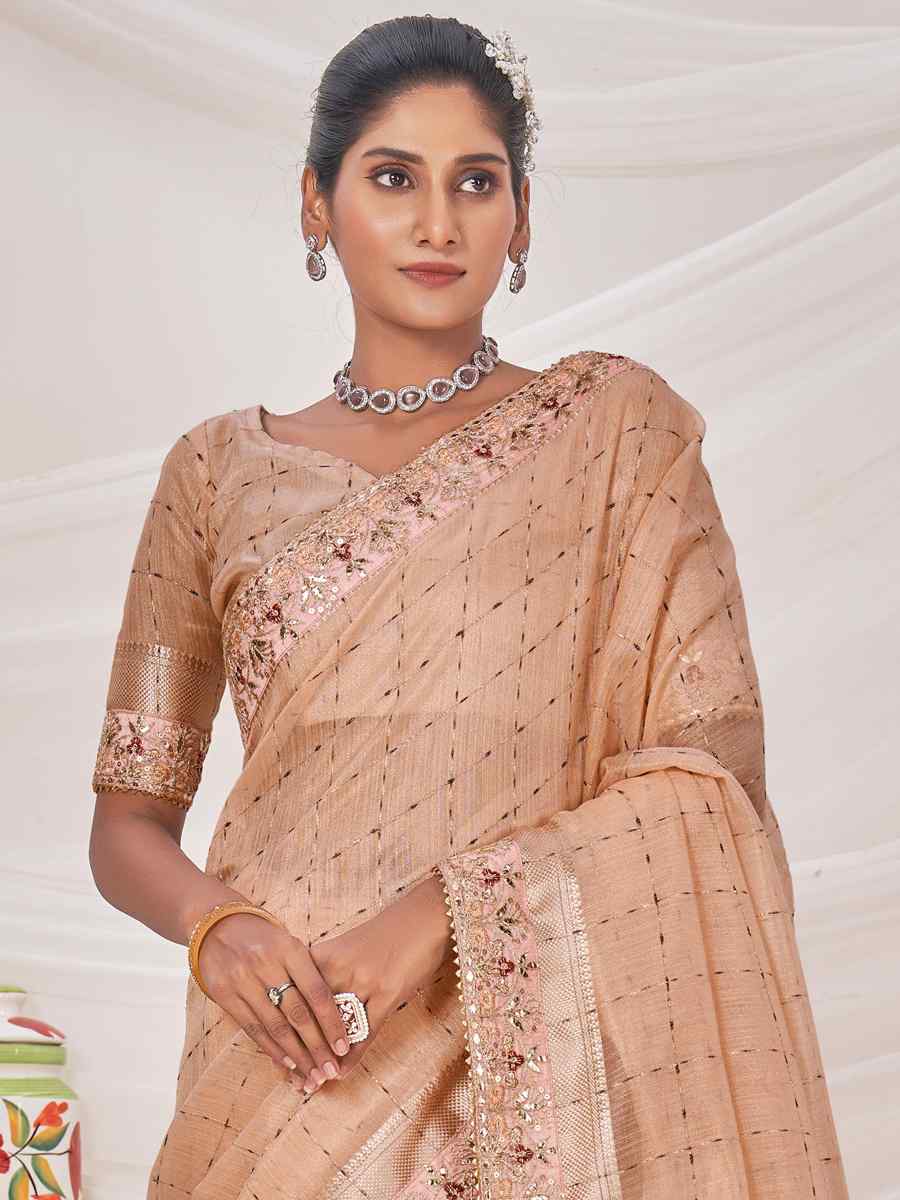 Peach Banarasi Zari Silk Embroidered Wedding Festival Heavy Border Saree