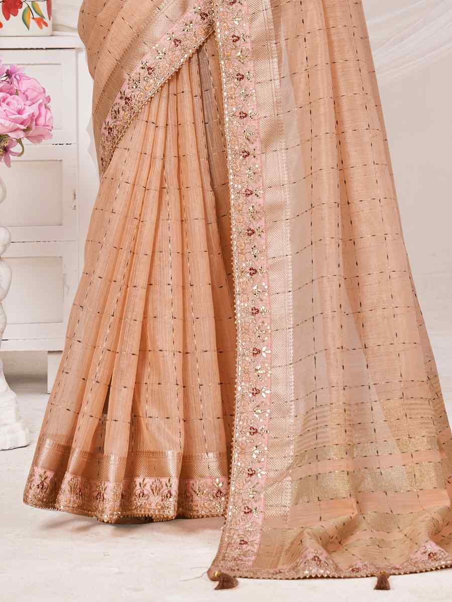 Peach Banarasi Zari Silk Embroidered Wedding Festival Heavy Border Saree