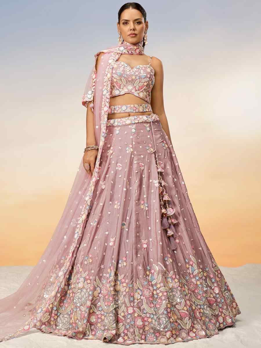 Peach Chiffon Embroidery Reception Party Wear Heavy Border Lehenga Choli