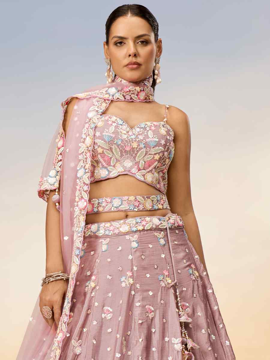 Peach Chiffon Embroidery Reception Party Wear Heavy Border Lehenga Choli