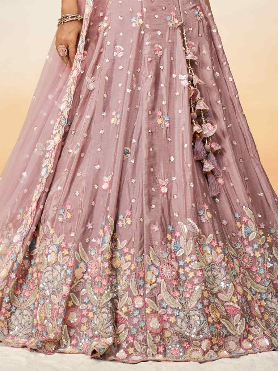 Peach Chiffon Embroidery Reception Party Wear Heavy Border Lehenga Choli