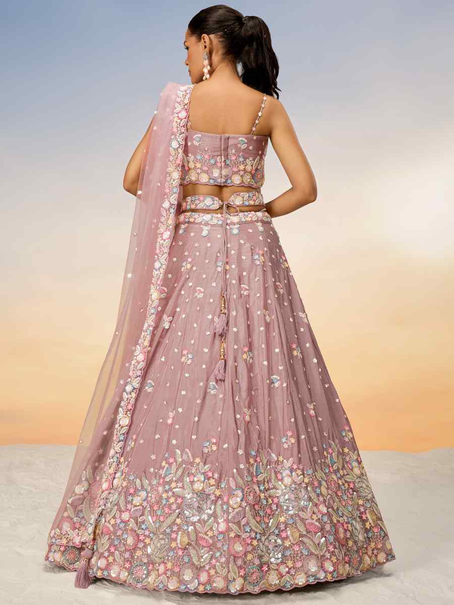 Peach Chiffon Embroidery Reception Party Wear Heavy Border Lehenga Choli