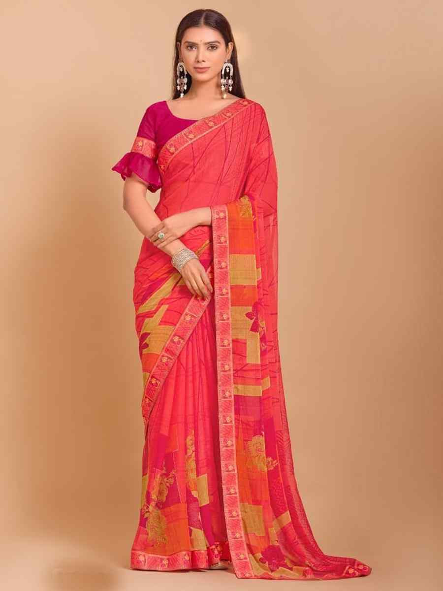 Peach Chiffon Printed Festival Casual Contemporary Saree