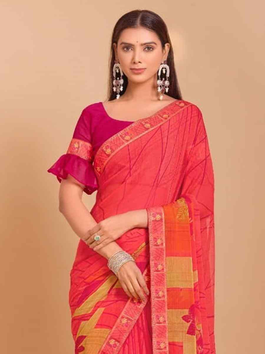 Peach Chiffon Printed Festival Casual Contemporary Saree