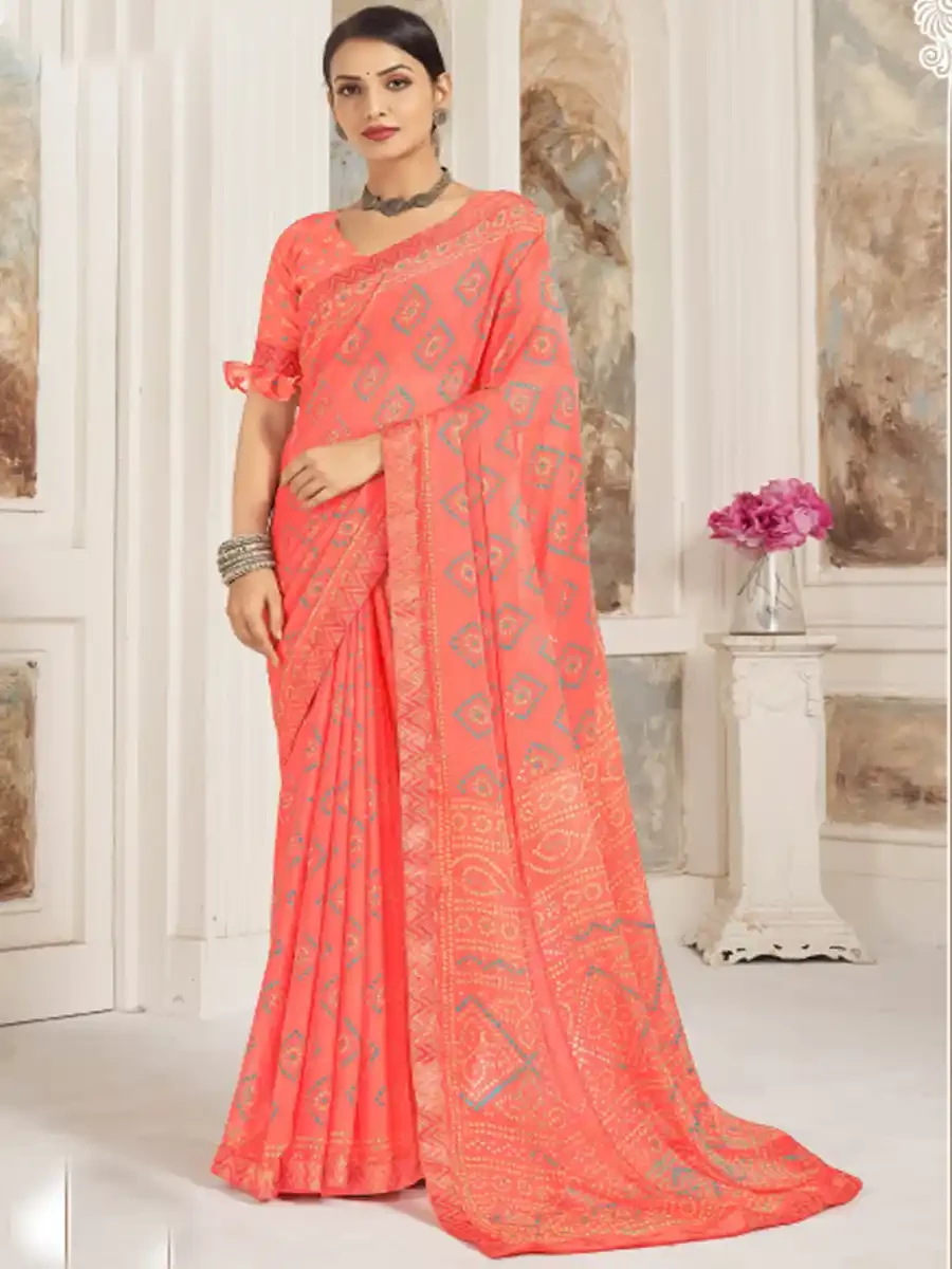 Peach Chiffon Printed Festival Casual Contemporary Saree