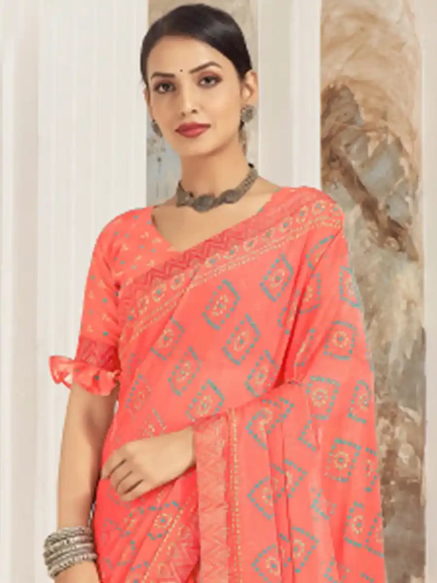 Peach Chiffon Printed Festival Casual Contemporary Saree