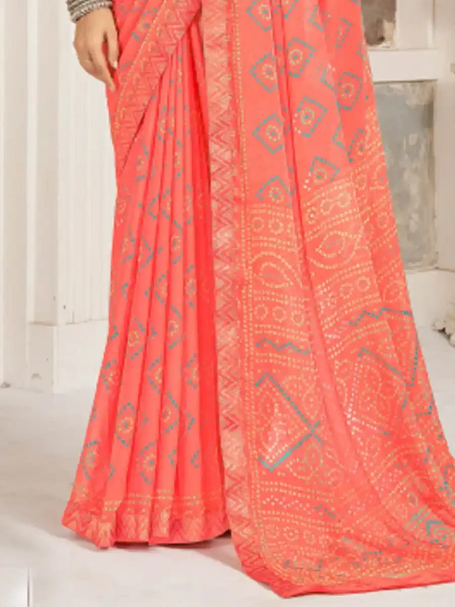 Peach Chiffon Printed Festival Casual Contemporary Saree