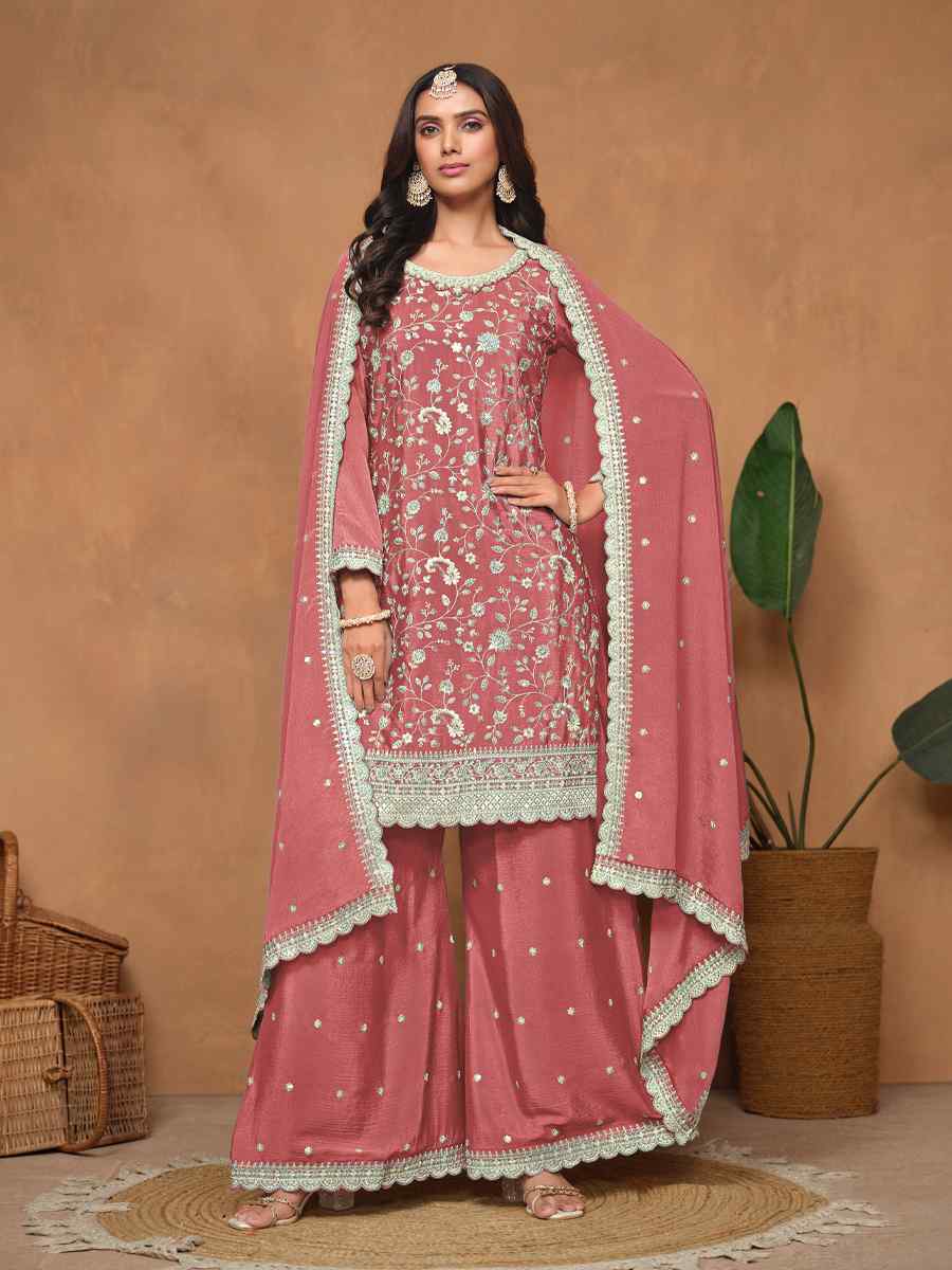 Peach Chinon Embroidered Festival Wedding Palazzo Pant Salwar Kameez