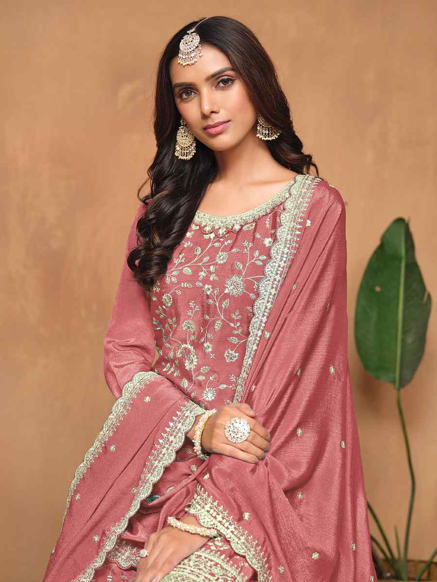 Peach Chinon Embroidered Festival Wedding Palazzo Pant Salwar Kameez